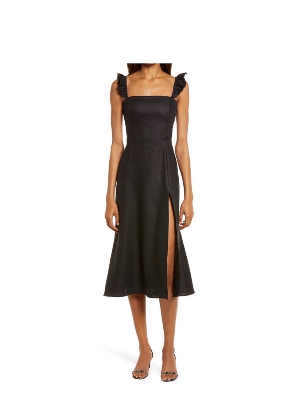 Reformation Black Square-Neck Midi Dress with Side Slit